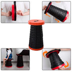 Multiple views of the retractable folding stool, highlighting its adjustable height mechanism.