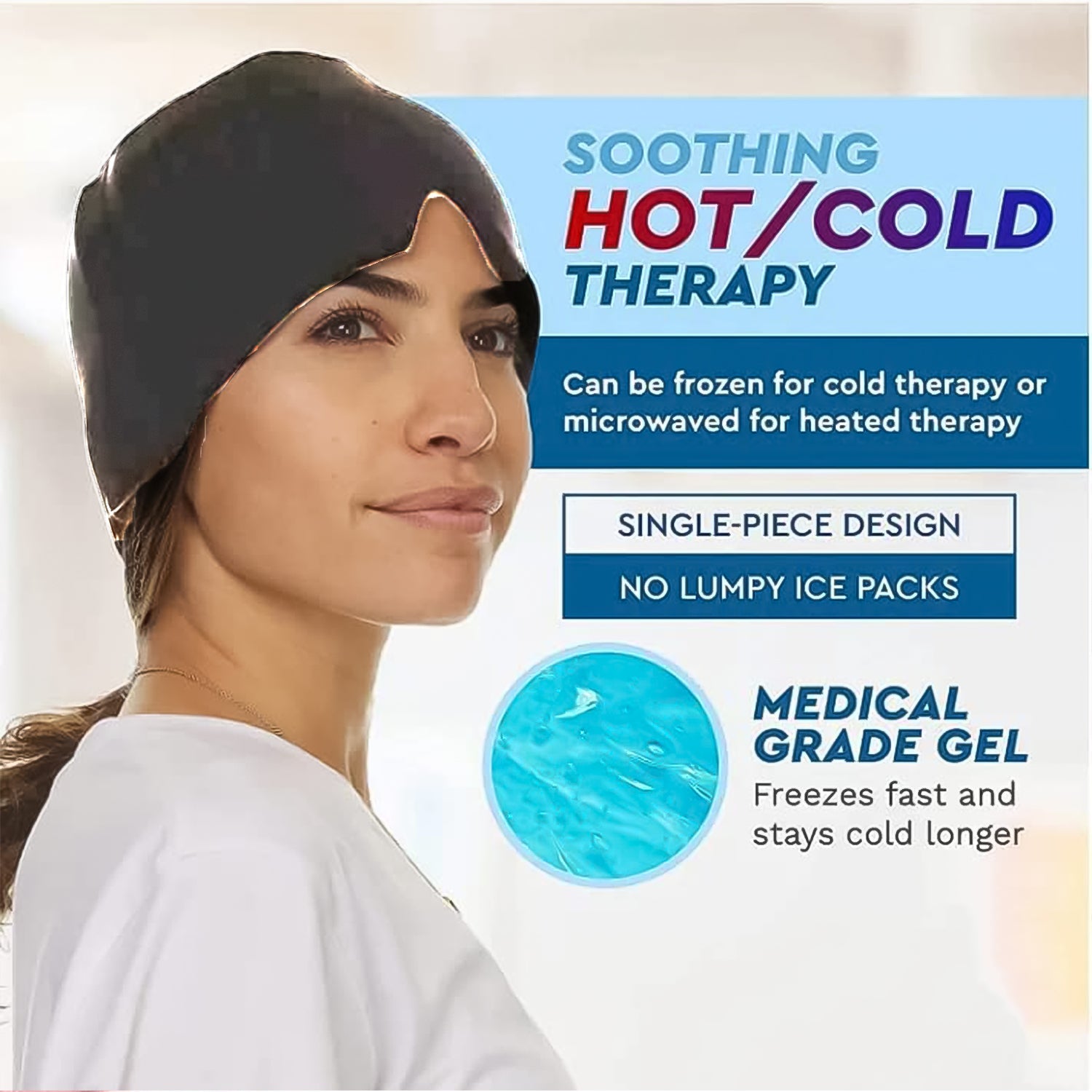 Person wearing the grey cooling head wrap, demonstrating its snug fit and coverage for stress relief.