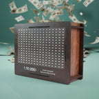 Wooden coin bank featuring a top coin slot and decorative Emoji Pan