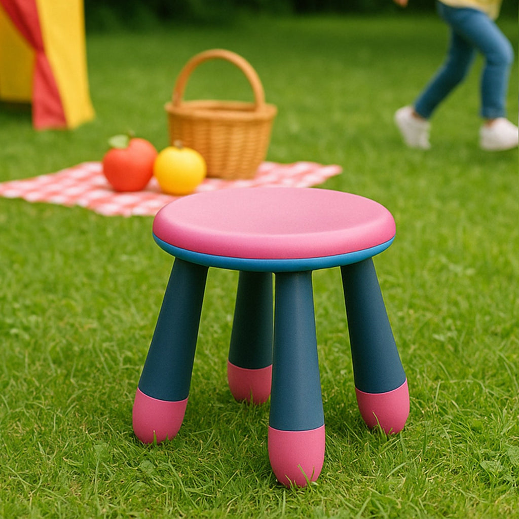 Small child using a safe toddler seating stool for daily activities.