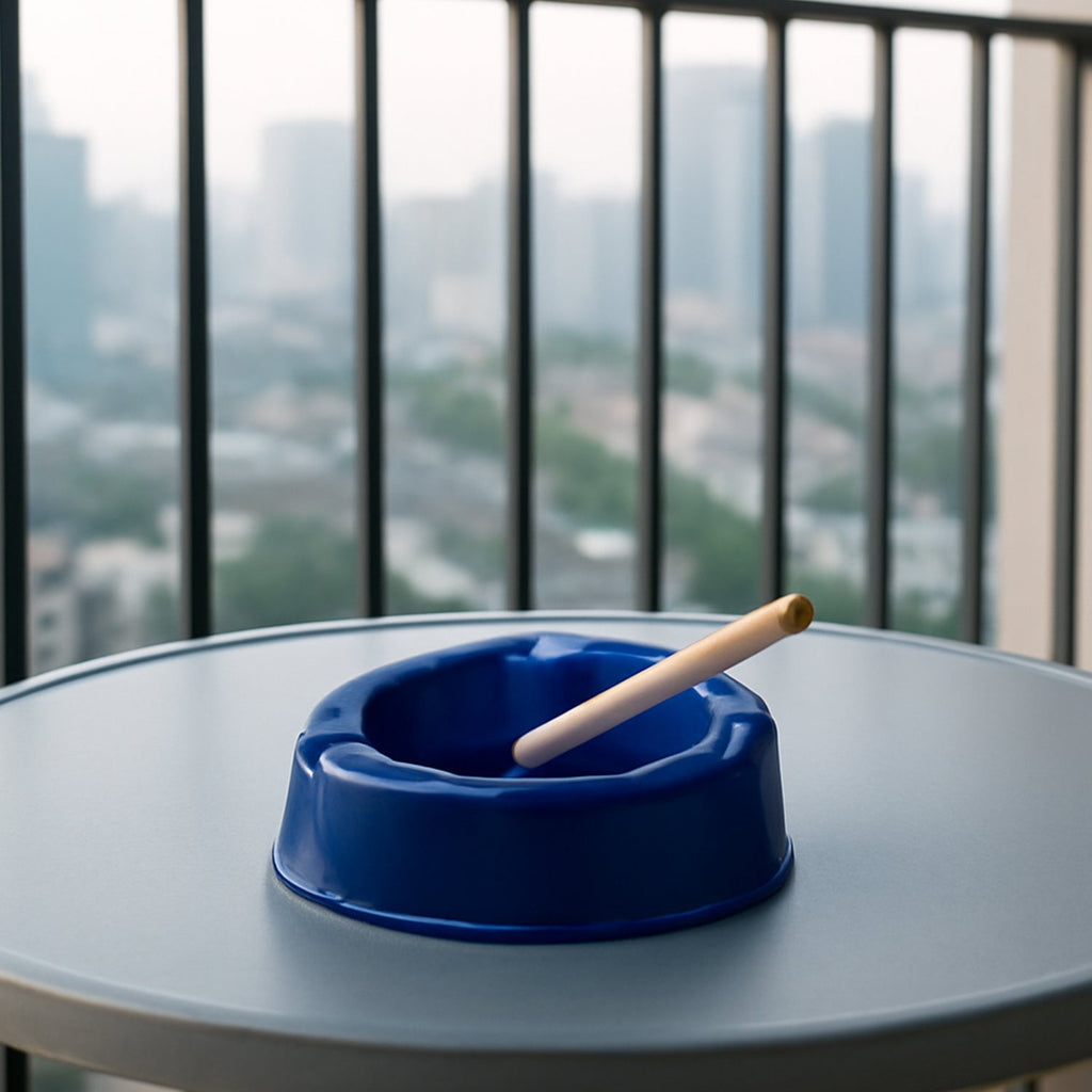 Close-up of dark blue plastic ashtray showing cigarette slots