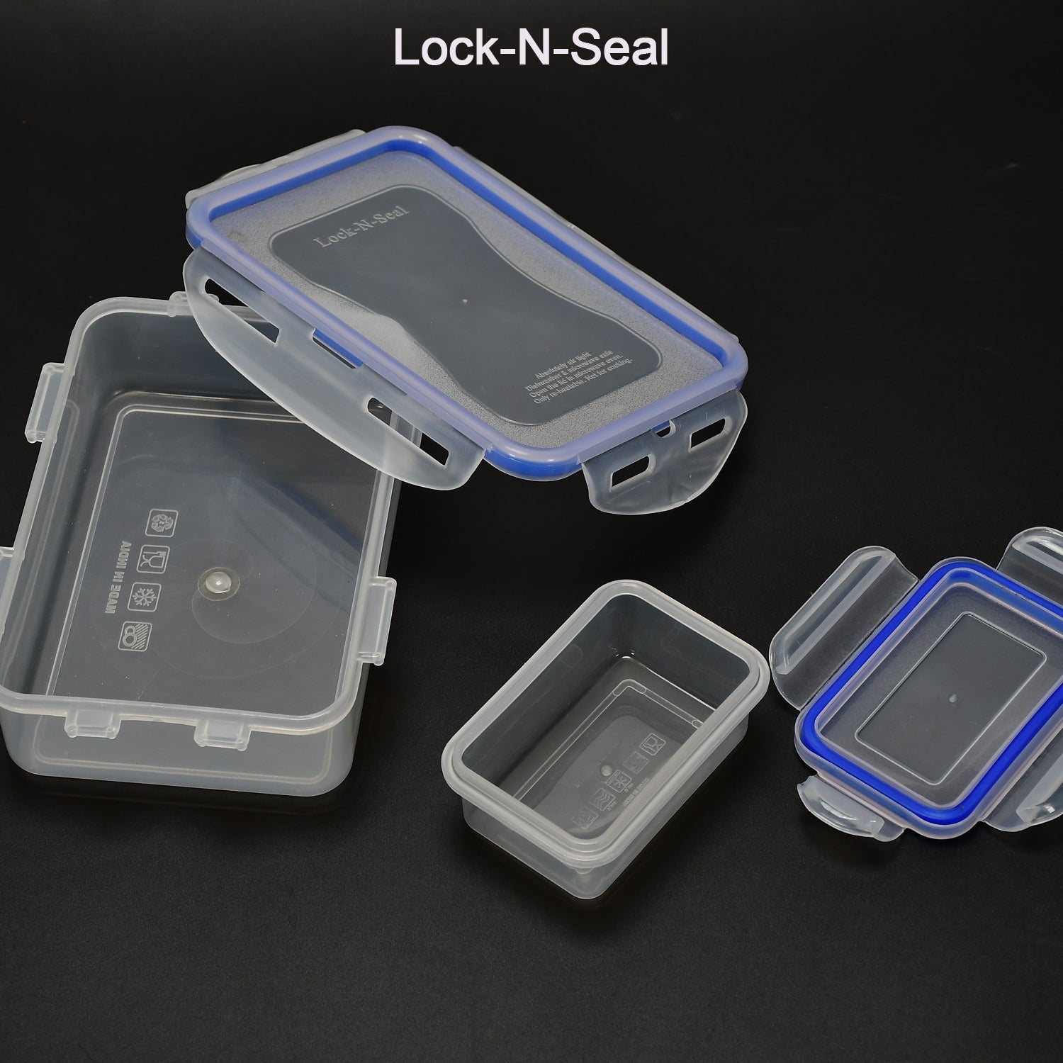 Durable food storage box with its components displayed, emphasizing the 4-side lock system.