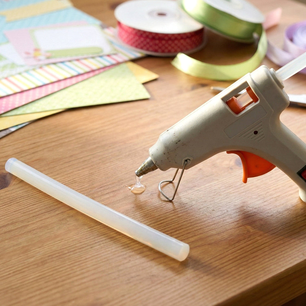 Hot glue stick inserted into a glue gun for precise adhesive application