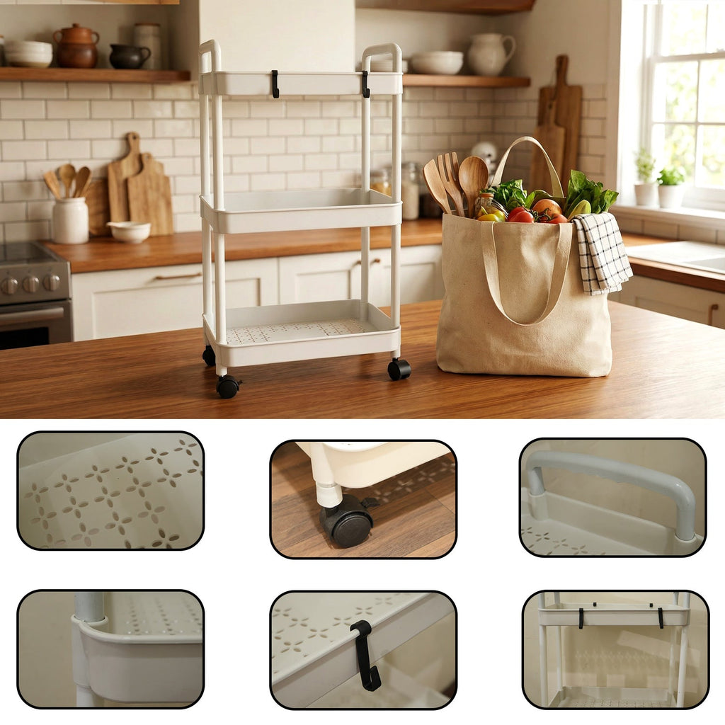 Rolling storage cart designed for versatile kitchen and bathroom use