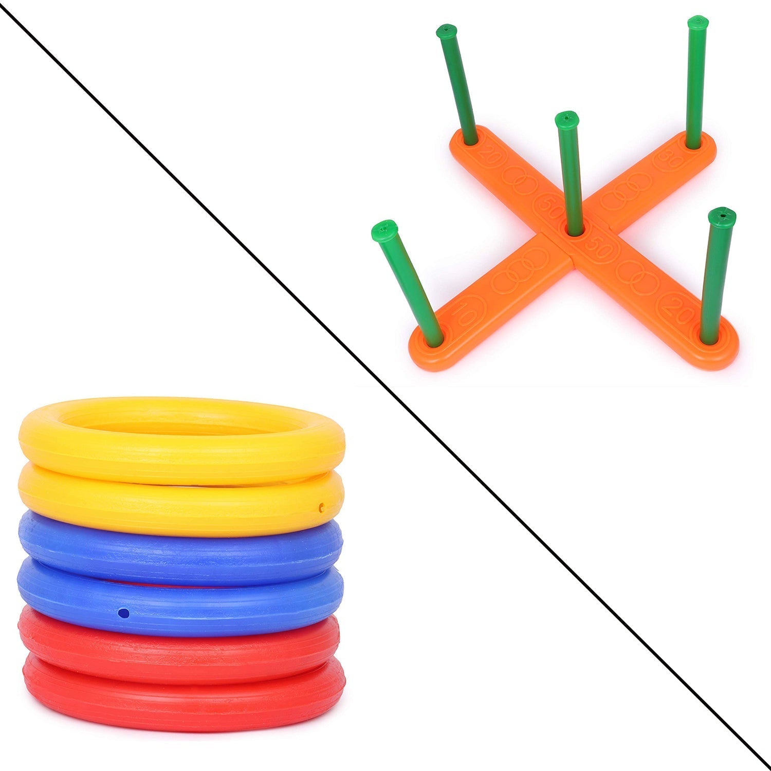 The complete 13-piece Ring Toss Game set laid out for play.