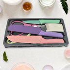 Ergonomic, colourful handles of the CookAura professional kitchen knife set.