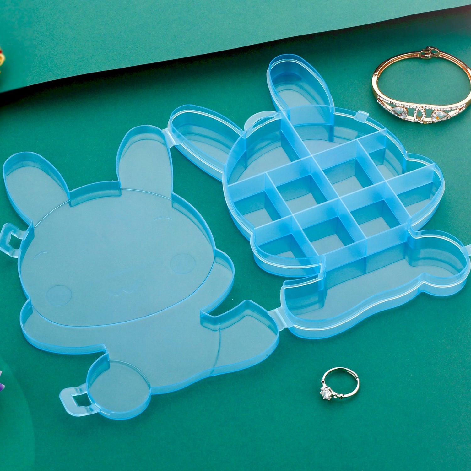 Front view of the clear plastic bear storage box, perfect for small items.
