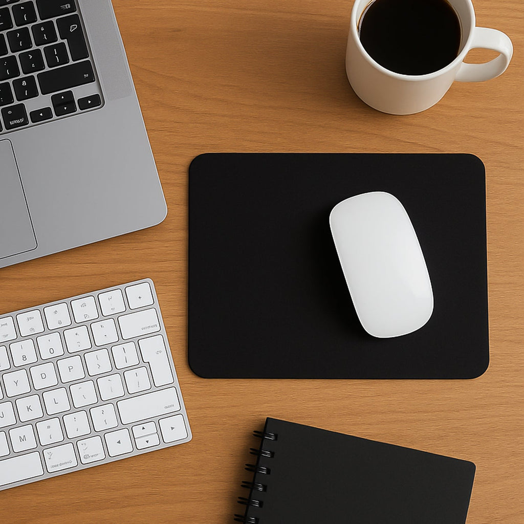 Angled view of the plain black mouse pad on a desk.