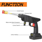 The 48V cordless washer gun cleaning a car, emphasizing its high-pressure capability.