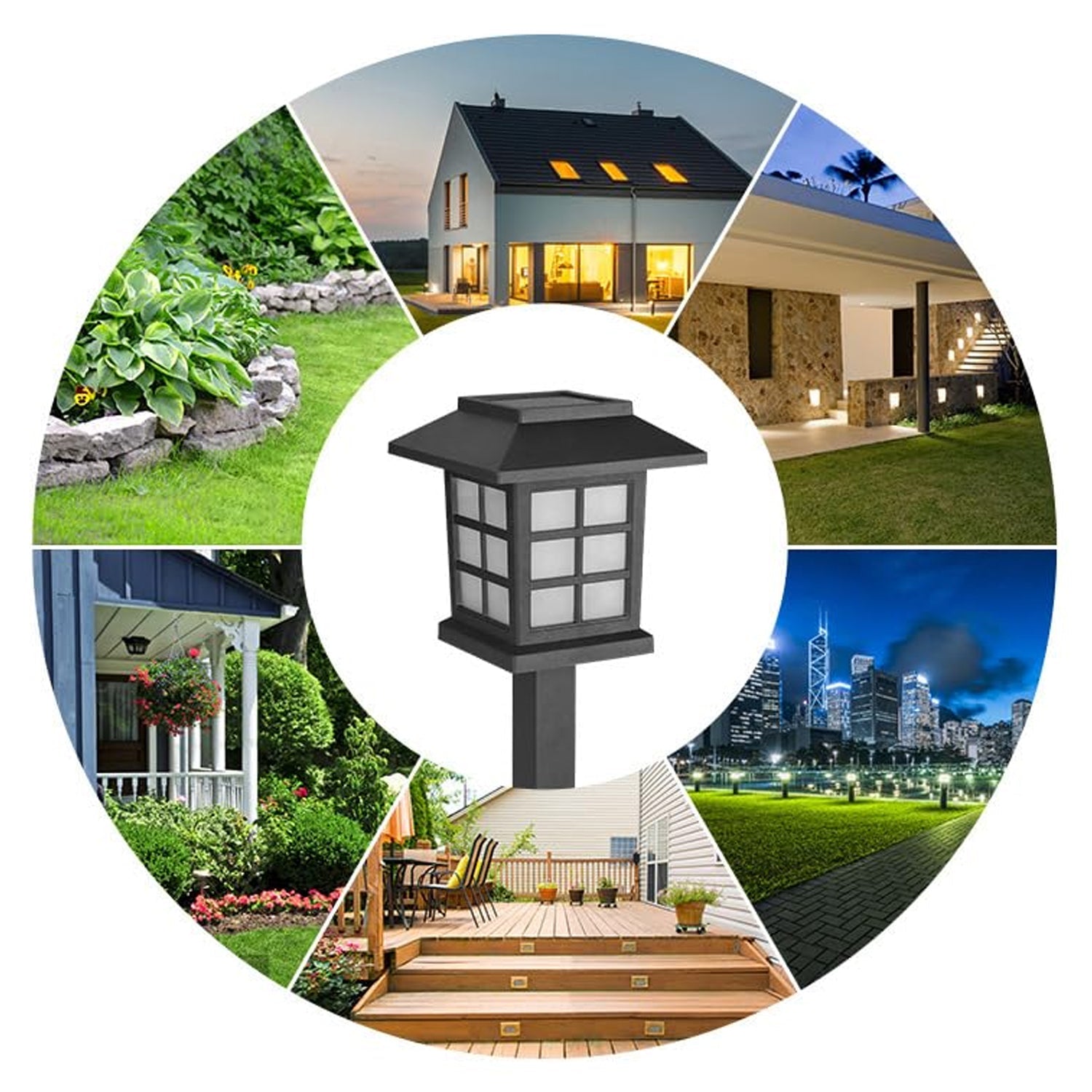 A solar garden light showcasing its durable, waterproof casing and ground stake.