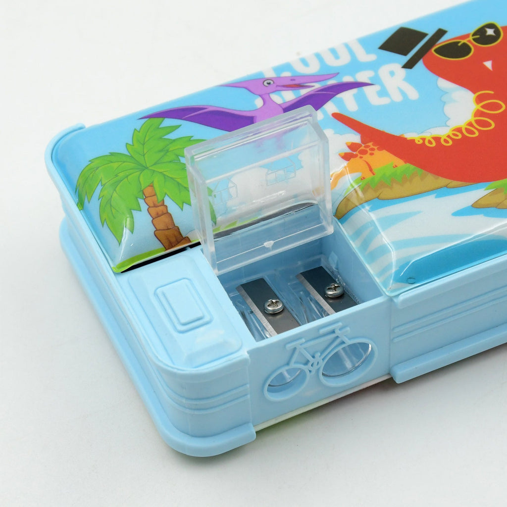 Bright plastic pencil box adorned with a lively cartoon design, appealing to young students.