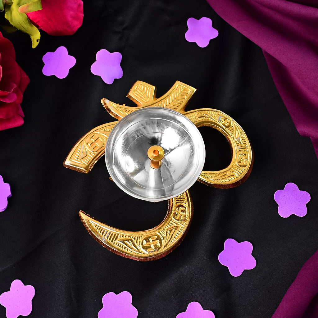 Brass Oil Diya lamp designed with Om symbol for religious ceremonies