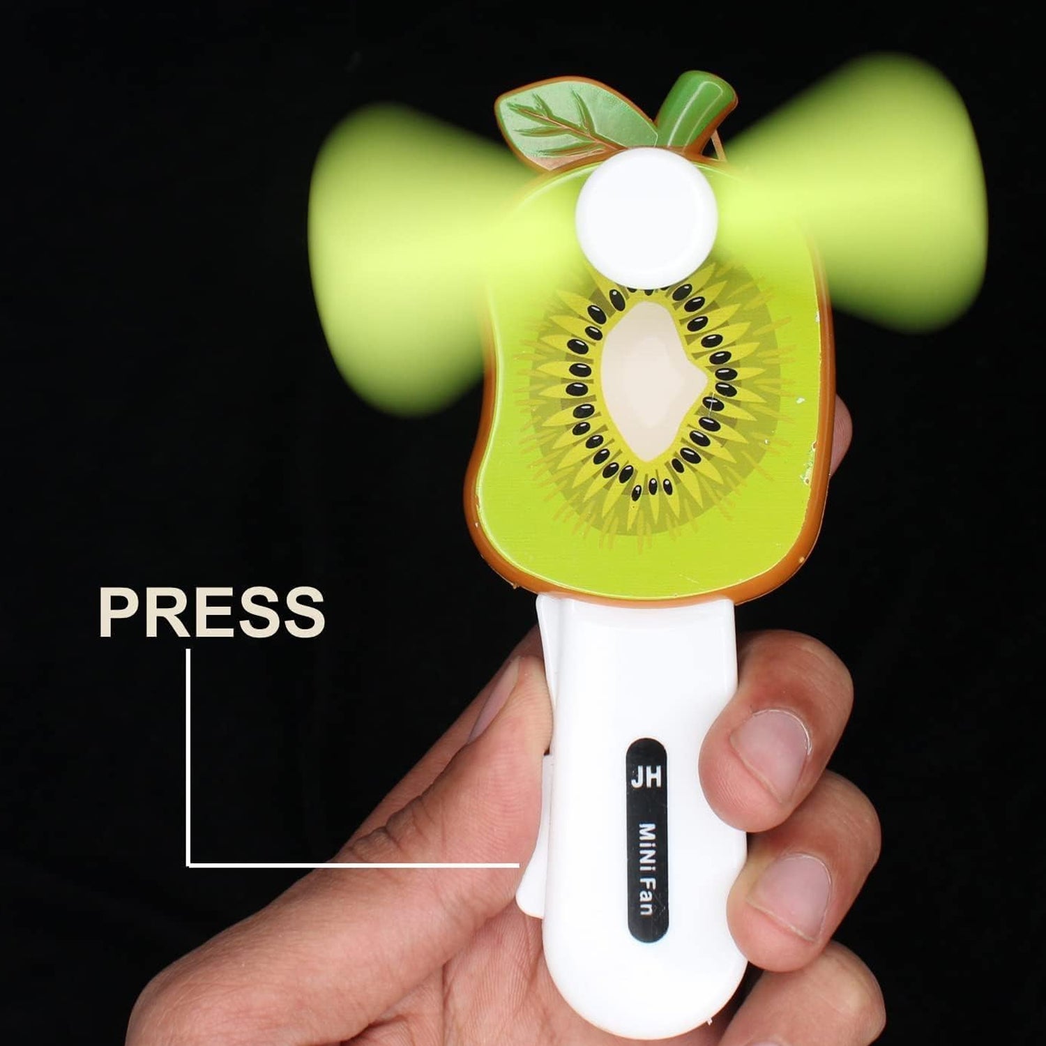 Hand-press operated portable fan designed for kids featuring fruity shapes