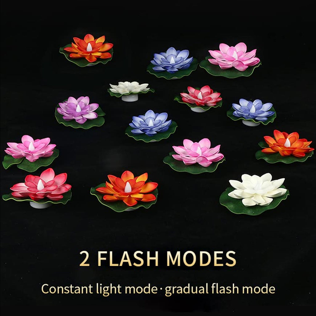 Pack of six smokeless LED tealights in lotus flower shape, ideal for indoor and outdoor decoration.