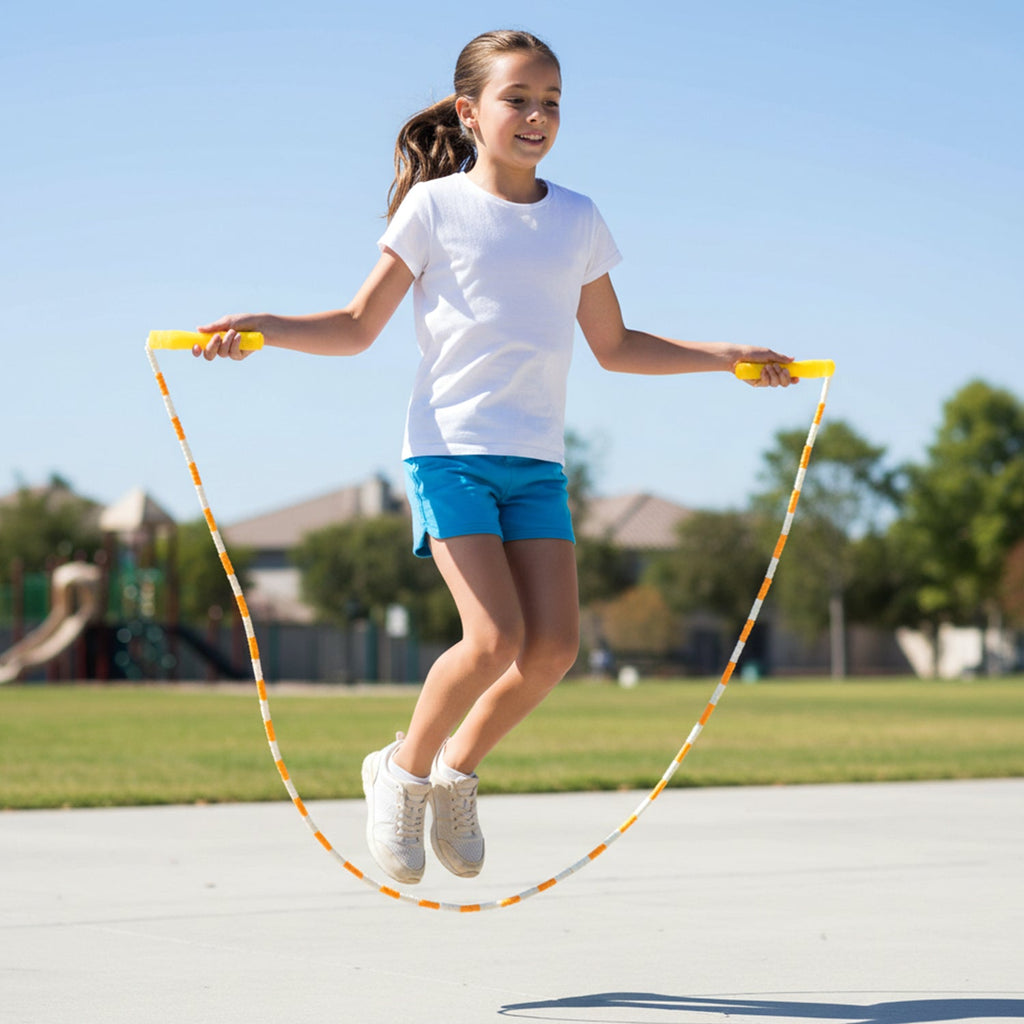 Kids skipping rope set featuring yellow and white beaded segmented rope