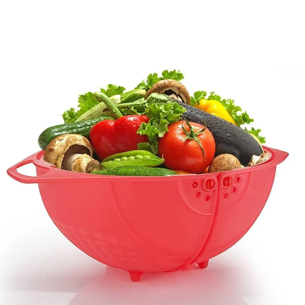 Revolving kitchen strainer showing its dual-layer design for easy draining.