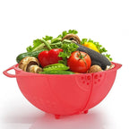 Revolving kitchen strainer showing its dual-layer design for easy draining.