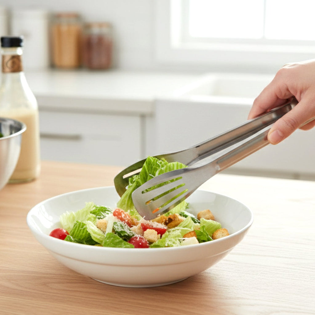 Close-up view of stainless steel serving tongs showing strong grip design