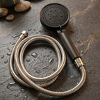 Flexible stainless steel shower hose attached to handheld shower head