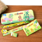 Kids stationery set components laid out showing dinosaur-themed pencils and ruler