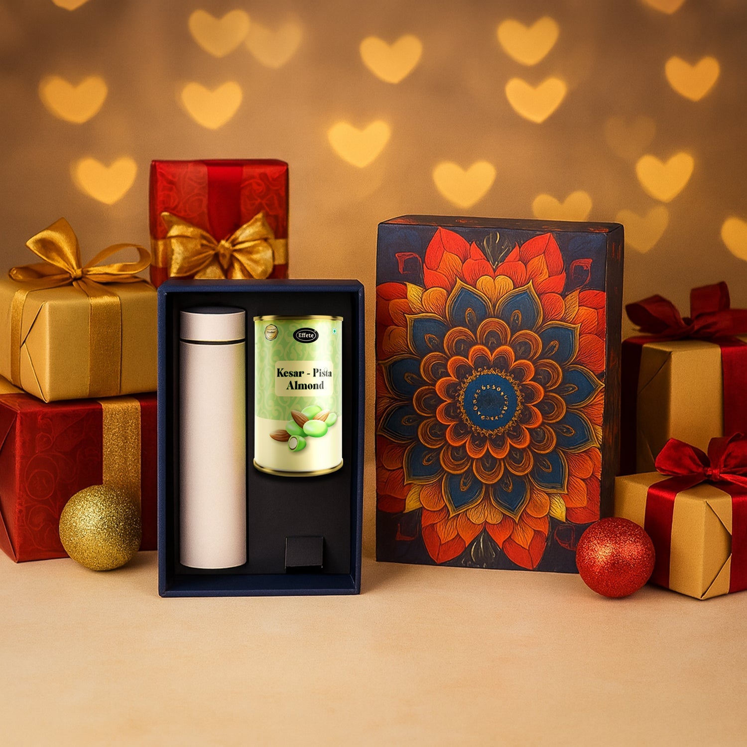 Luxury designer gift box containing Kesar Pista Almonds and golden bottle