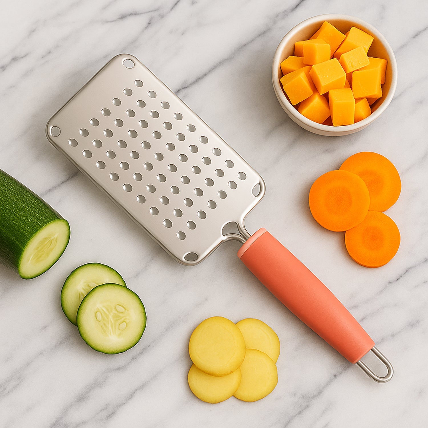 Durable stainless steel flat surface grater with soft grip handle