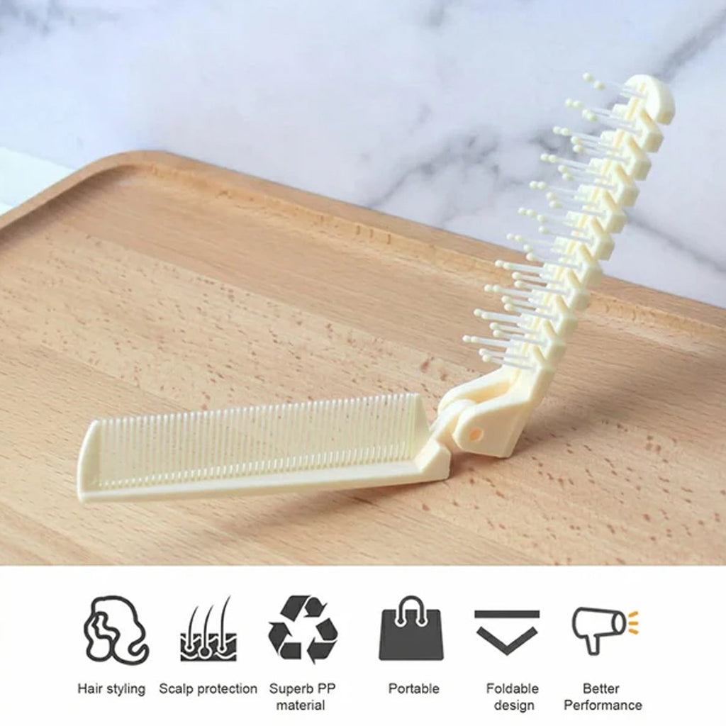Close-up of comb teeth and brush bristles on foldable tool