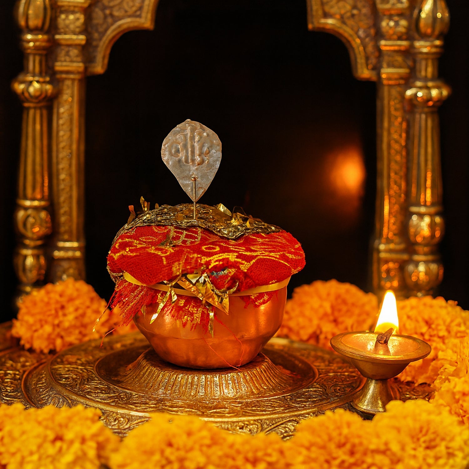 Side view of decorative copper-style mini kalash with traditional pooja accessories