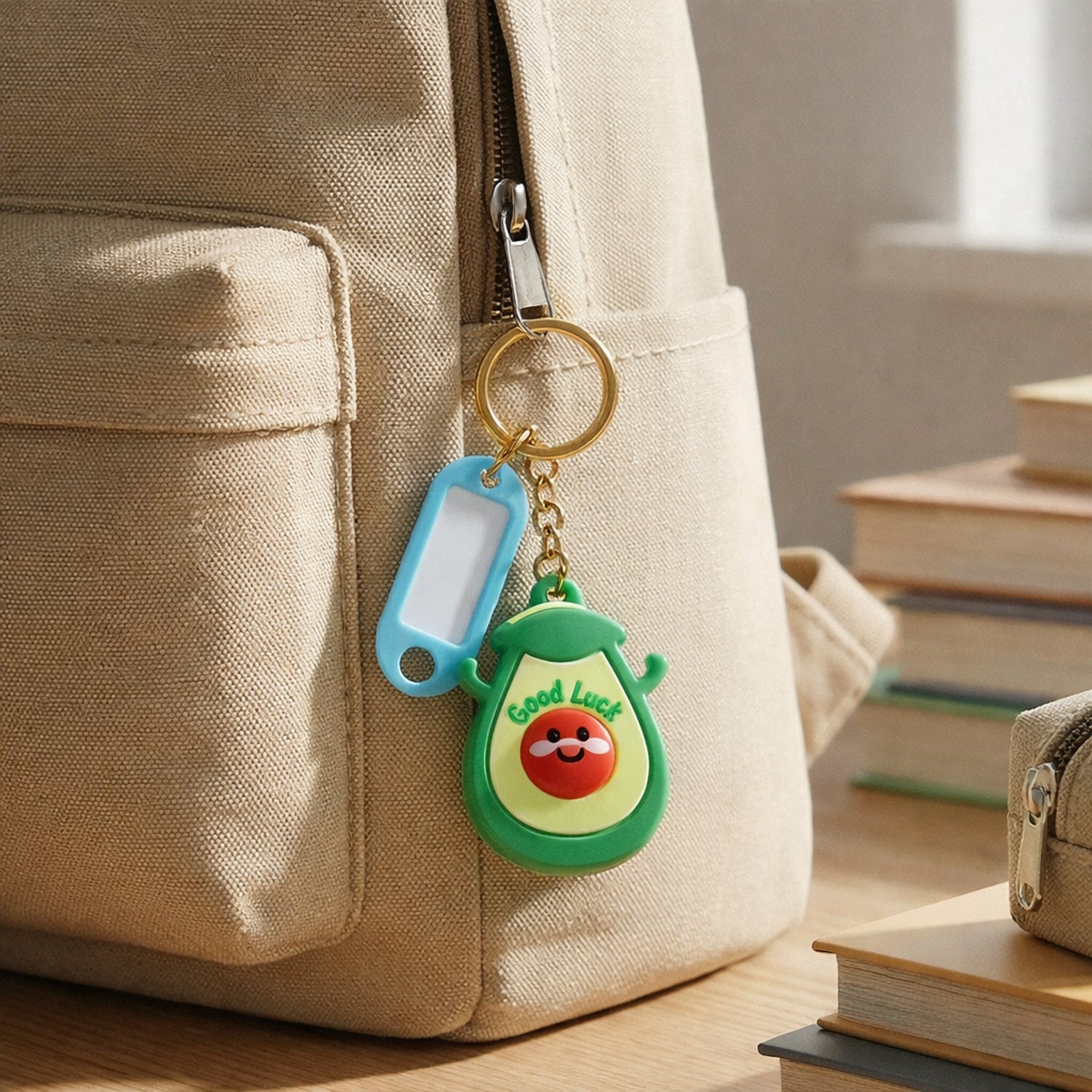 Backpack featuring attached avocado keychain with good luck design