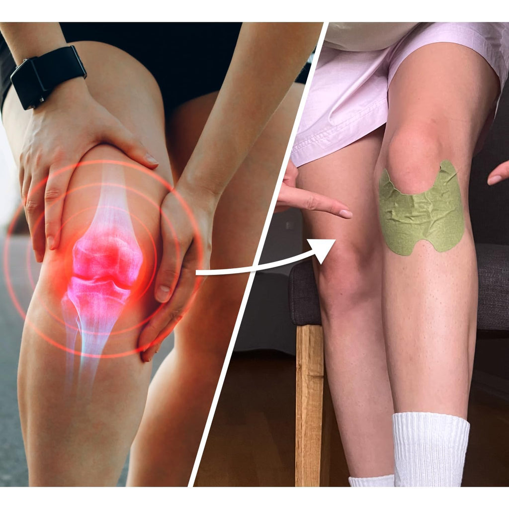 Herbal knee relief patch applied on leg providing pain support