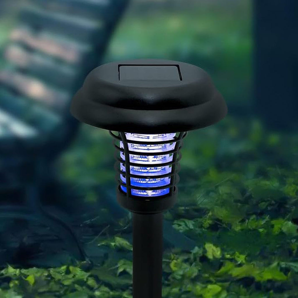 Outdoor solar garden lighting with integrated bug zapper feature