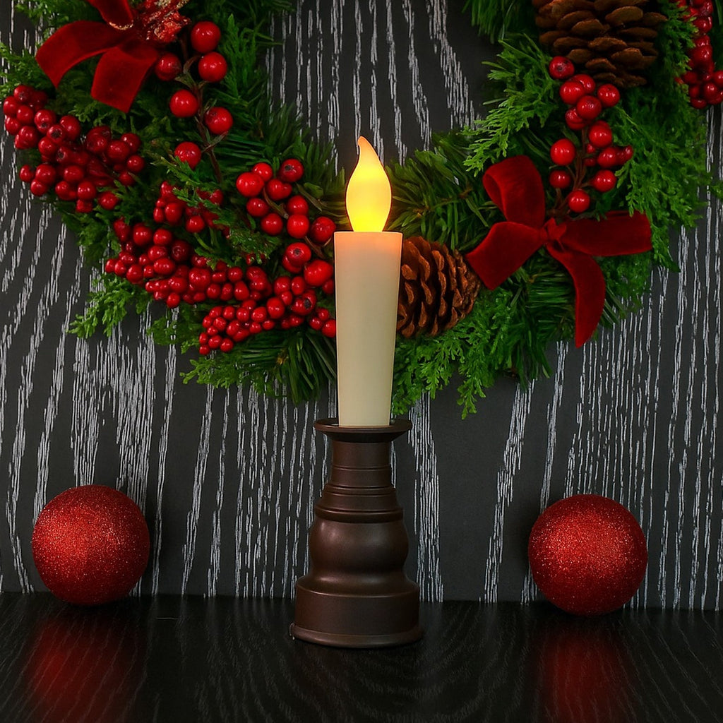 Close-up of premium decorative LED candle flame and classic holder