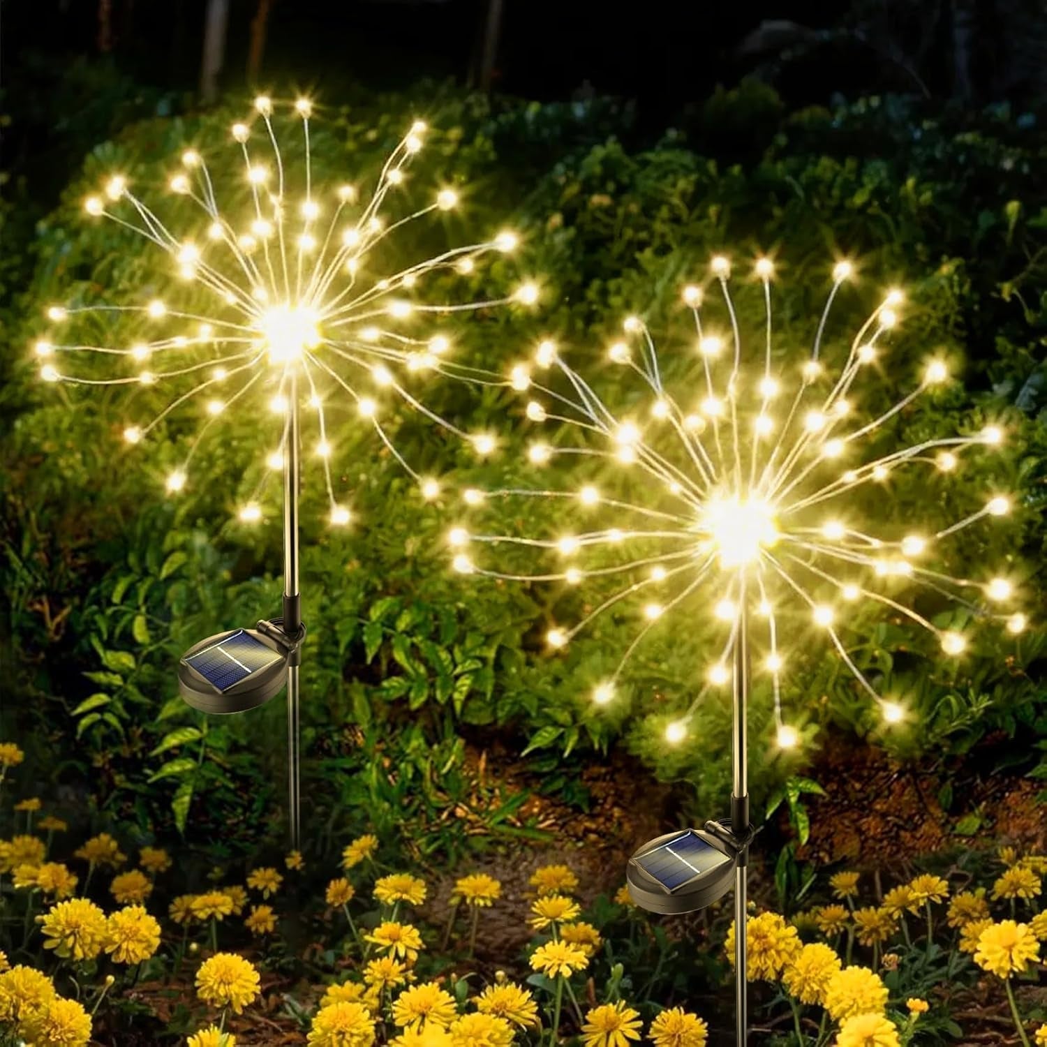 Warm white solar LED garden stake lights enhancing outdoor ambiance
