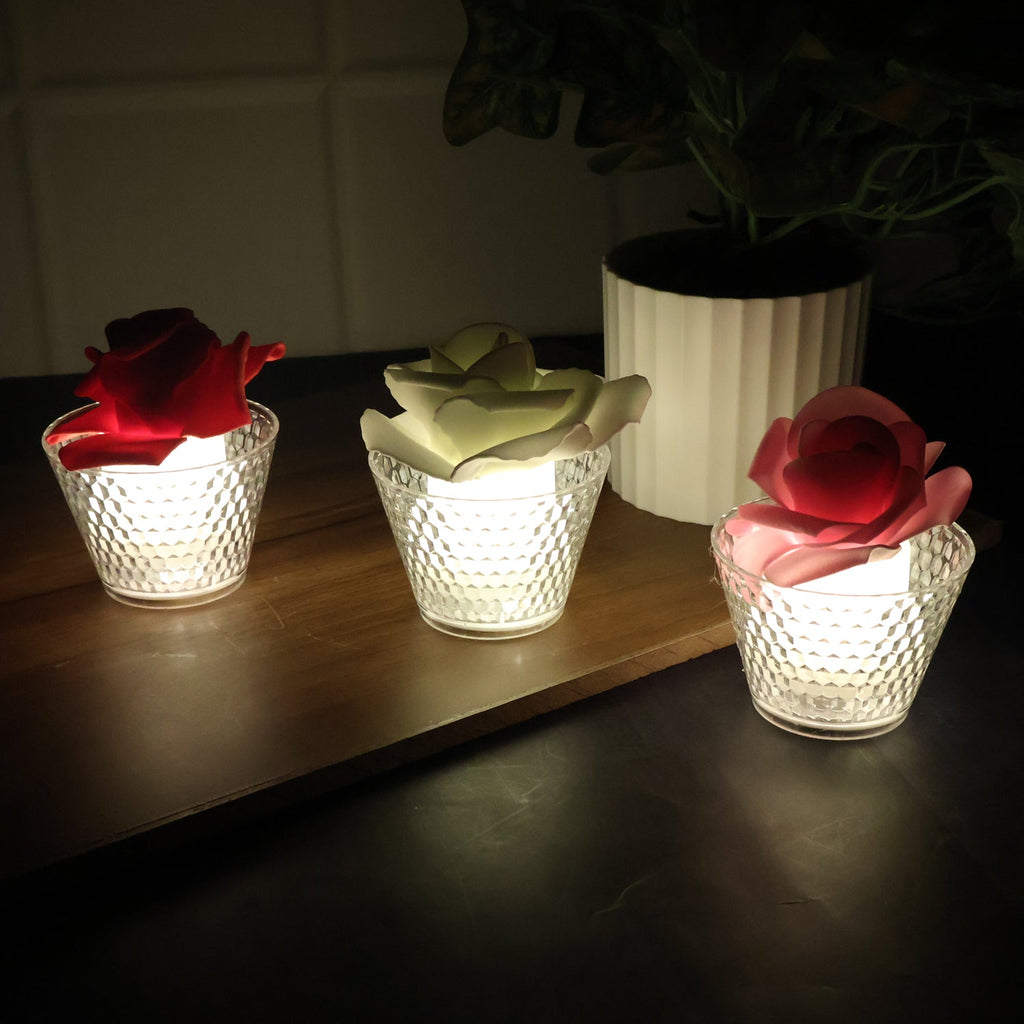 Rose shaped flameless LED candle illuminating indoor party décor