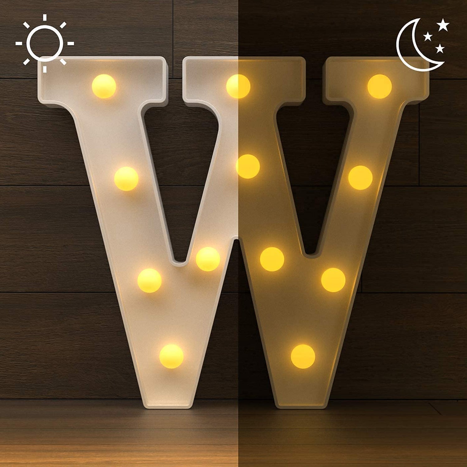 Close-up of LED decorative light in W shape with warm LED bulbs