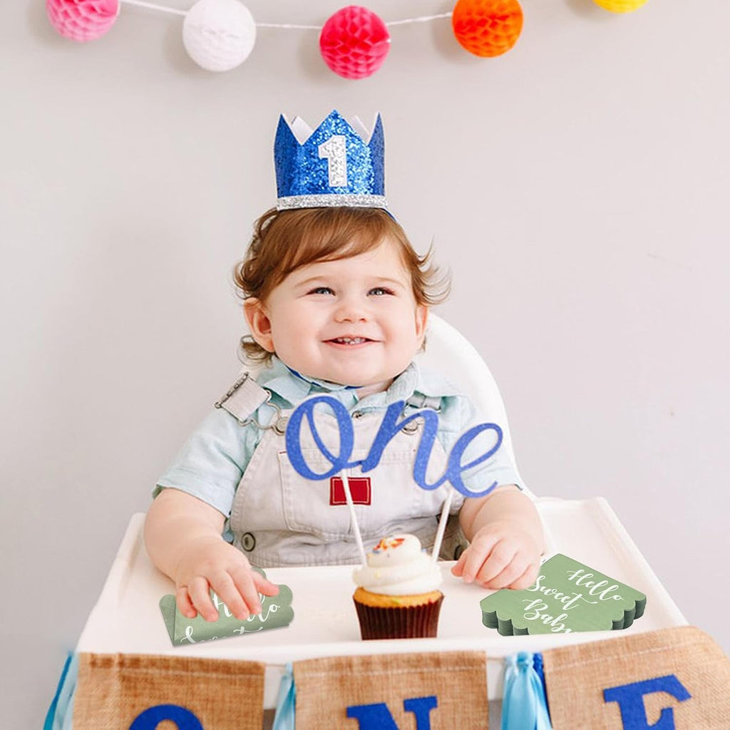 Close-up of Hello Sweet Baby party paper napkins showing soft texture and design