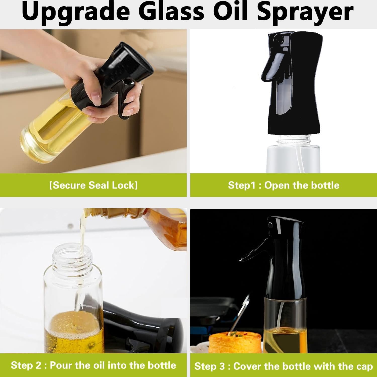 Ergonomic glass oil dispenser showing its fine mist nozzle.