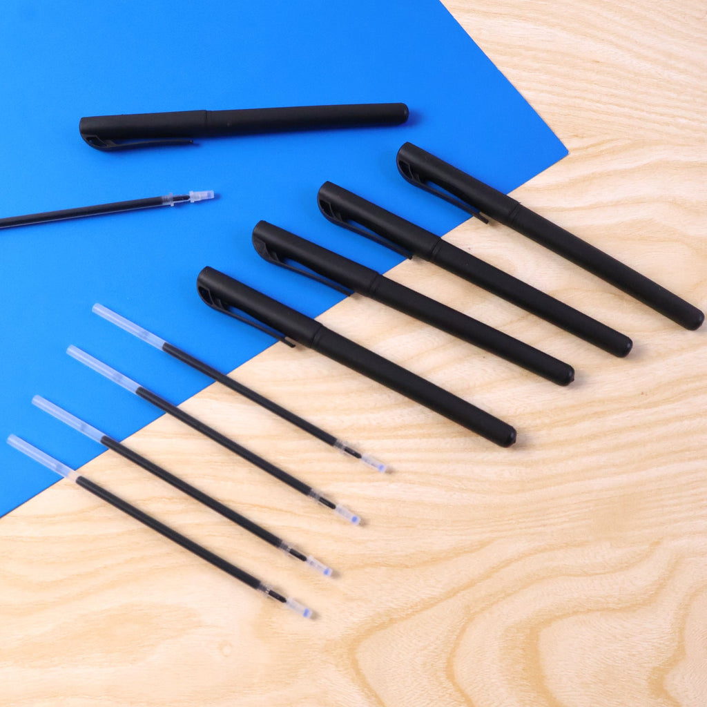 Combo pack showing multiple refillable black marker pens for bulk use