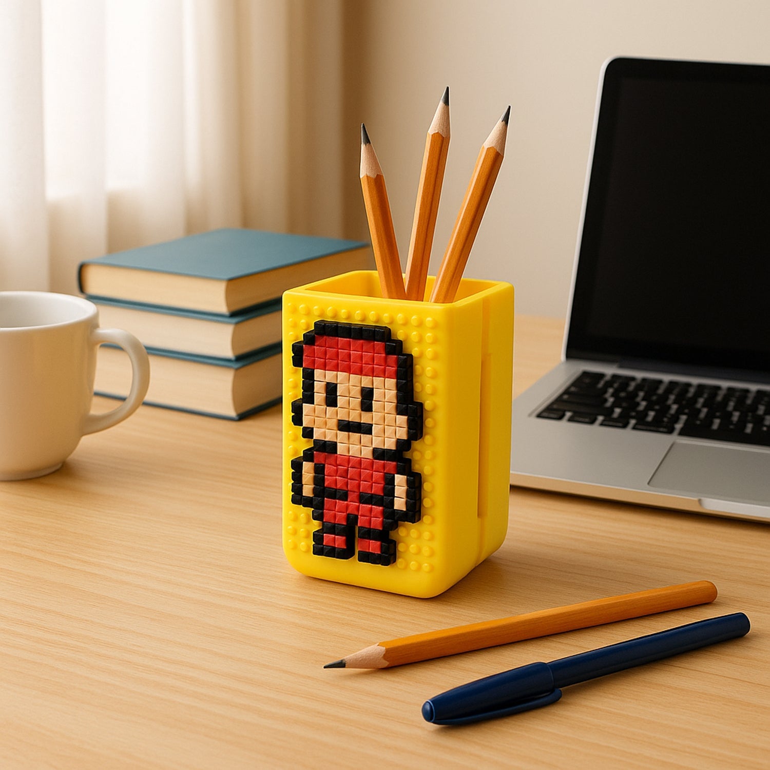 Functional DIY Pixel Art Pen Stand displaying a user-created pixel art design.