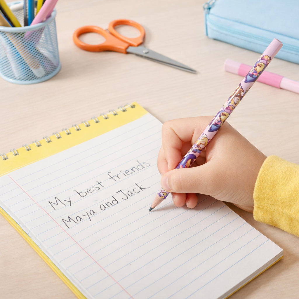 Set of wooden pencils featuring assorted cartoon characters for children
