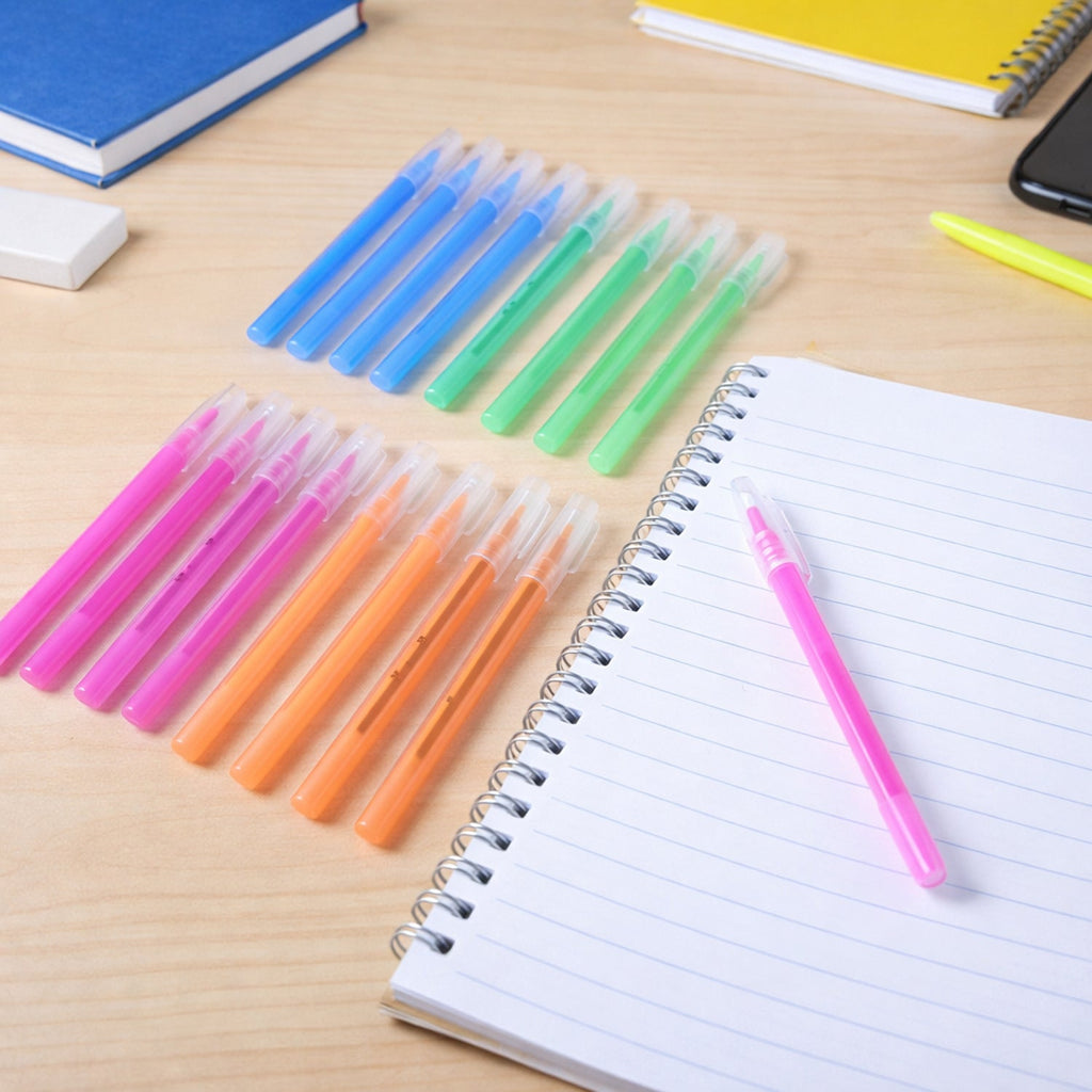 Close-up of colorful smooth writing ballpoint pens with transparent caps