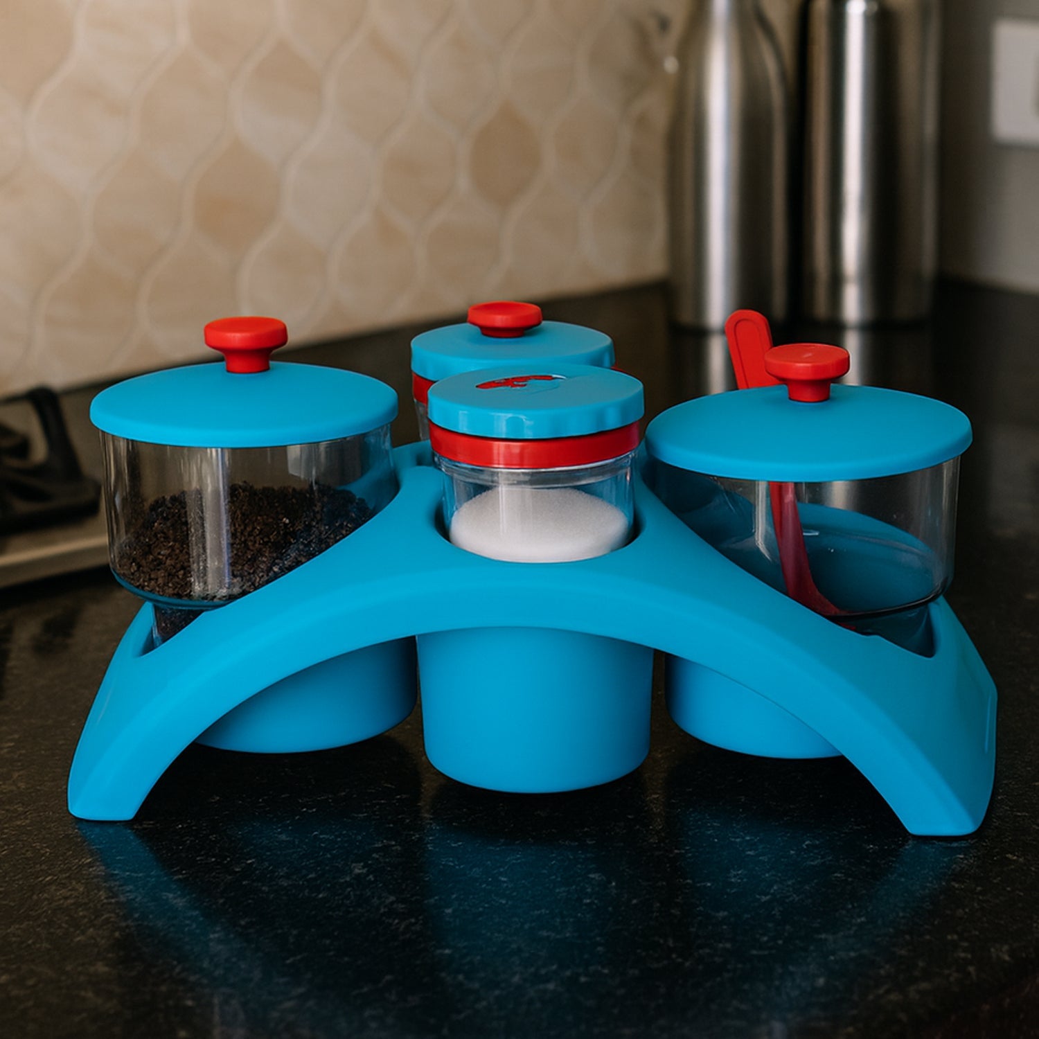 Durable unbreakable plastic condiment storage set for kitchen