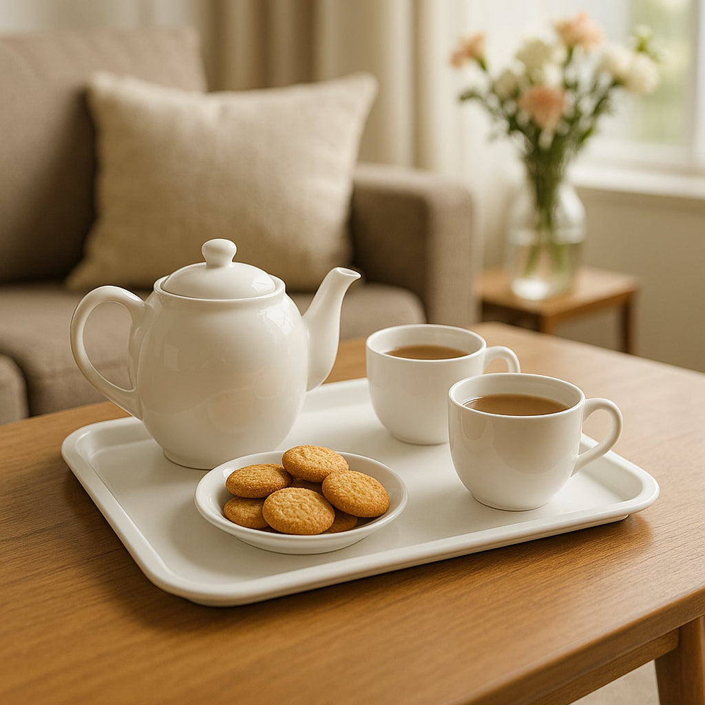 Close-up of raised rim and smooth surface on white plastic serving tray
