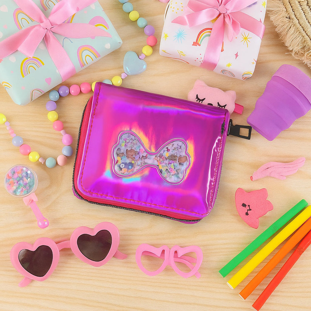Zip-around kids wallet featuring a playful glitter-filled bow window design