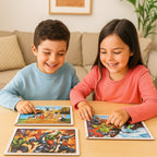 Close-up view of wooden jigsaw puzzle pieces with vibrant artwork