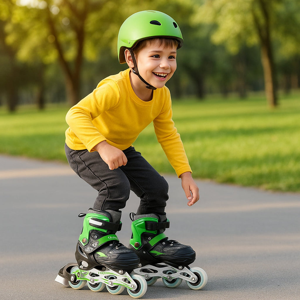 Side view of outdoor inline skates highlighting PU wheels and brake