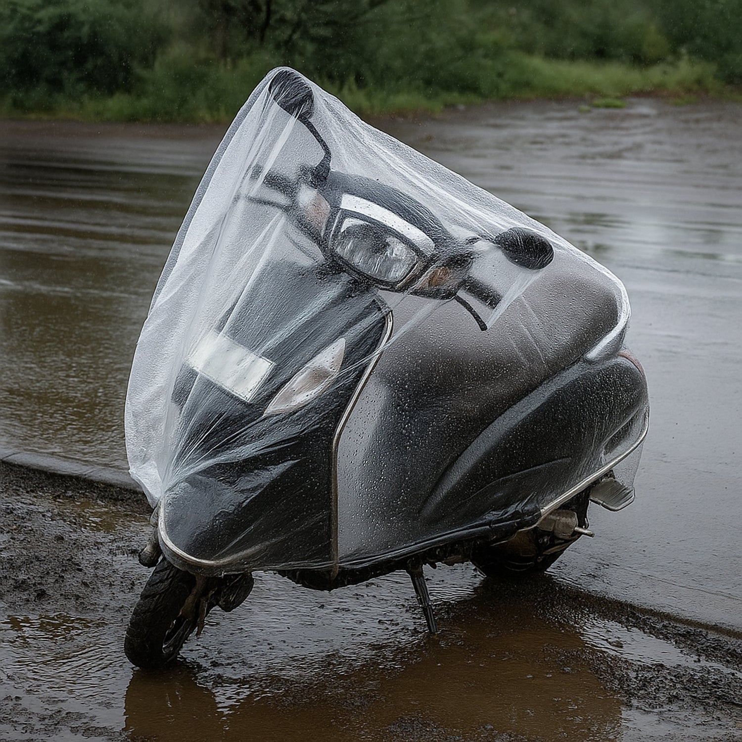 Plastic Activa cover protecting scooter from rain and dust