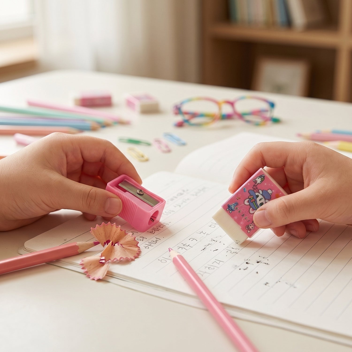Components of the kids school stationery kit including pencils, ruler, eraser, and sharpener
