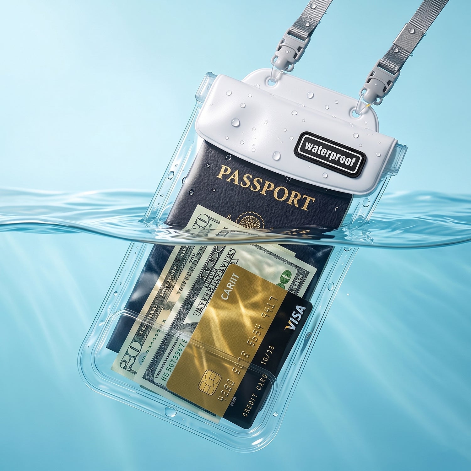 Product shot of waterproof case showing transparent front