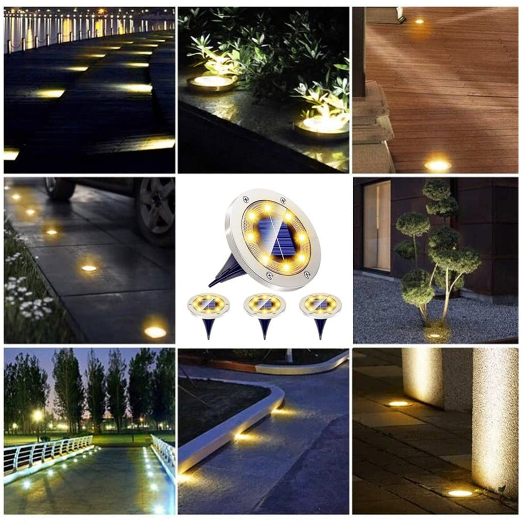 Top view of solar powered LED garden light lens exhibiting solar panel and LED setup
